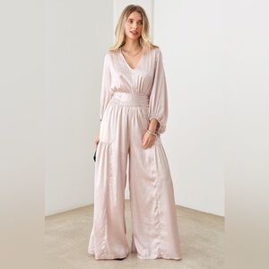 NWT-Satin V-Neck Ruched Waist Puff Sleeve Wide Leg Jumpsuit